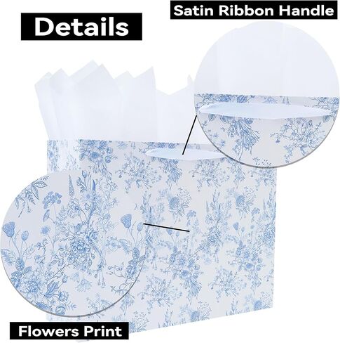 16.5" Extra Large Blue Floral Gift Bag Set with Handles, Greeting Card, White Tissue Papers and Stickers for Women Girls for Birthdays, Valentine's Day, Weddings, Anniversaries, Mother's Day, Flowers Design, 1 Pcs in Kuwait