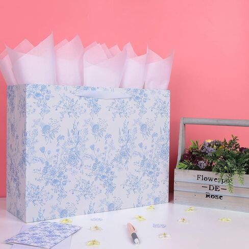 16.5" Extra Large Blue Floral Gift Bag Set with Handles, Greeting Card, White Tissue Papers and Stickers for Women Girls for Birthdays, Valentine's Day, Weddings, Anniversaries, Mother's Day, Flowers Design, 1 Pcs in Kuwait