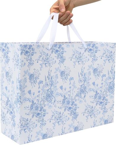 16.5" Extra Large Blue Floral Gift Bag Set with Handles, Greeting Card, White Tissue Papers and Stickers for Women Girls for Birthdays, Valentine's Day, Weddings, Anniversaries, Mother's Day, Flowers Design, 1 Pcs in Kuwait
