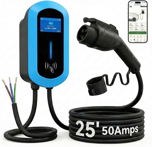 Fullwatt Level 2 EV Charger 50 Amp/12KW, 240V Hardwired Electric Car Charger with J1772 Connector & Display, Wi-Fi and Bluetooth Enabled Electric Vehicle Charging Stations IP65 RFID, 25FT Cable, Grey in Saudi Arabia