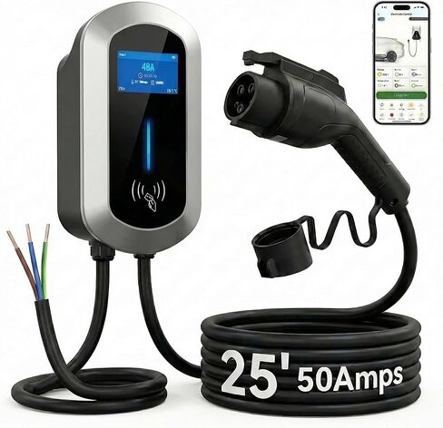 Fullwatt Level 2 EV Charger 50 Amp/12KW, 240V Hardwired Electric Car Charger with J1772 Connector & Display, Wi-Fi and Bluetooth Enabled Electric Vehicle Charging Stations IP65 RFID, 25FT Cable, Grey in Saudi Arabia