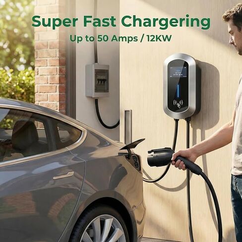 Fullwatt Level 2 EV Charger 50 Amp/12KW, 240V Hardwired Electric Car Charger with J1772 Connector & Display, Wi-Fi and Bluetooth Enabled Electric Vehicle Charging Stations IP65 RFID, 25FT Cable, Grey in Saudi Arabia