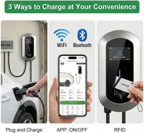 Fullwatt Level 2 EV Charger 50 Amp/12KW, 240V Hardwired Electric Car Charger with J1772 Connector & Display, Wi-Fi and Bluetooth Enabled Electric Vehicle Charging Stations IP65 RFID, 25FT Cable, Grey in Saudi Arabia
