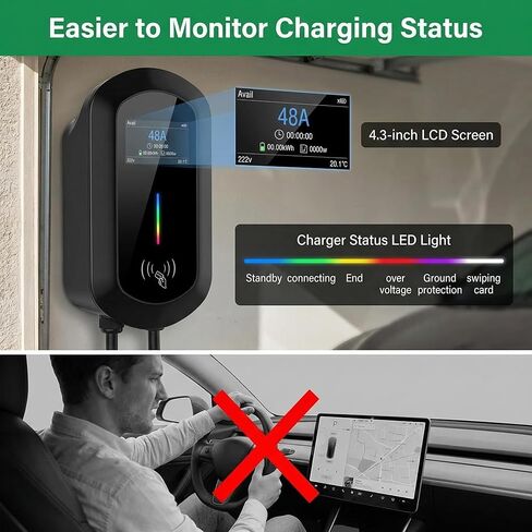 Fullwatt Level 2 EV Charger 50 Amp/12KW, 240V Hardwired Electric Car Charger with J1772 Connector & Display, Wi-Fi and Bluetooth Enabled Electric Vehicle Charging Stations IP65 RFID, 25FT Cable, Grey in Saudi Arabia