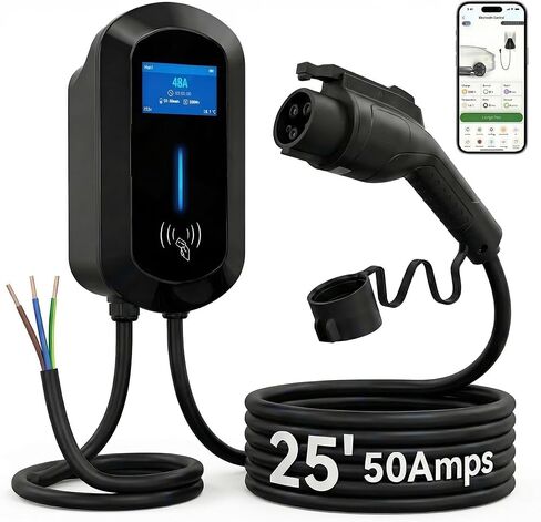 Fullwatt Level 2 EV Charger 50 Amp/12KW, 240V Hardwired Electric Car Charger with J1772 Connector & Display, Wi-Fi and Bluetooth Enabled Electric Vehicle Charging Stations IP65 RFID, 25FT Cable, Grey in Saudi Arabia