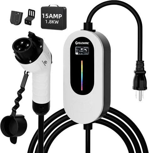 Portable Level 1 EV Charger 15A 110V, NEMA 5-15 Plug Charging Kit with 25FT Cable, Adjustable Current & Delay Timer, Home & Outdoor Portable EV Charger for All J1772 EVs and Hybrid Cars in Saudi Arabia
