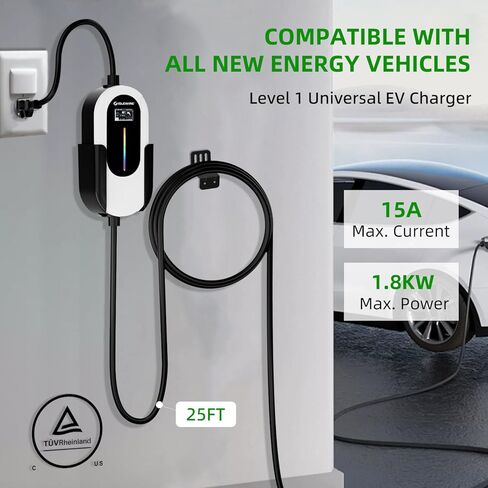 Portable Level 1 EV Charger 15A 110V, NEMA 5-15 Plug Charging Kit with 25FT Cable, Adjustable Current & Delay Timer, Home & Outdoor Portable EV Charger for All J1772 EVs and Hybrid Cars in Saudi Arabia