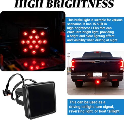 15 LED Red Lens Brake Light Trailer Hitch Cover, Universal Fit 2 Inch Receiver, Super Bright Square Tail Light, Trailer Towing External Accessories for Most SUV RVs (Smoked Lens Red Light) in Saudi Arabia