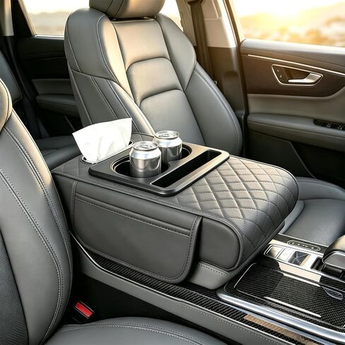 Car Center Console Cover, Leather Armrest Cover for Car, Middle Console Cushion with Storage Bag, Cup Holder, Phone Slot ＆ Tissue Box, Universal Automotive Interior Accessories (Grey) in Kuwait