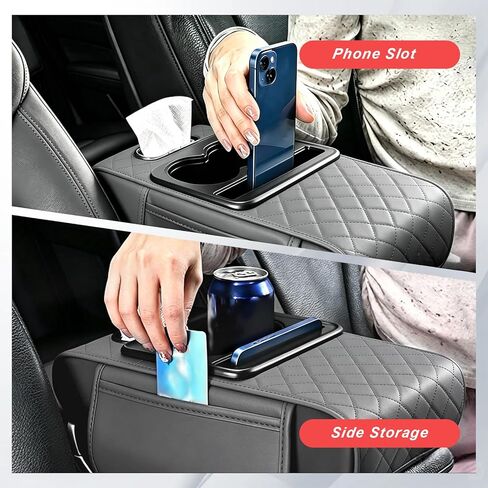 Car Center Console Cover, Leather Armrest Cover for Car, Middle Console Cushion with Storage Bag, Cup Holder, Phone Slot ＆ Tissue Box, Universal Automotive Interior Accessories (Grey) in Kuwait