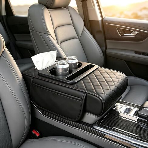 Car Center Console Cover, Leather Armrest Cover for Car, Middle Console Cushion with Storage Bag, Cup Holder, Phone Slot ＆ Tissue Box, Universal Automotive Interior Accessories (Grey) in Kuwait