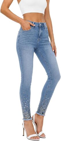 BlueMoment Skinny Jeans with Sequins for Women Trendy Sparkly Glitter Jeans Mid Waist Raw Hem Embellished Leggings Casual in Saudi Arabia