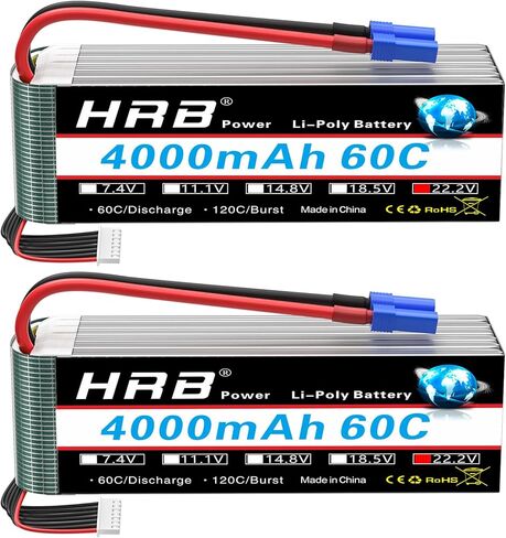 HRB 2pcs 6S Lipo Battery EC5 22.2V 4000mAh 60C RC Lipo Battery Compatible with RC Quadcopter Helicopter Car Truck Boat Hobby in Kuwait