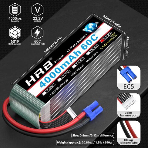 HRB 2pcs 6S Lipo Battery EC5 22.2V 4000mAh 60C RC Lipo Battery Compatible with RC Quadcopter Helicopter Car Truck Boat Hobby in Kuwait