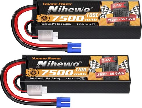 2S Lipo Battery Pack 7.4V RC Battery 7500mAh 100C Hard Case with EC5 Connector for 1/8 1/10 RC Car Truck Vehicle Boat Tank Airplane Model(2 Packs) in Kuwait