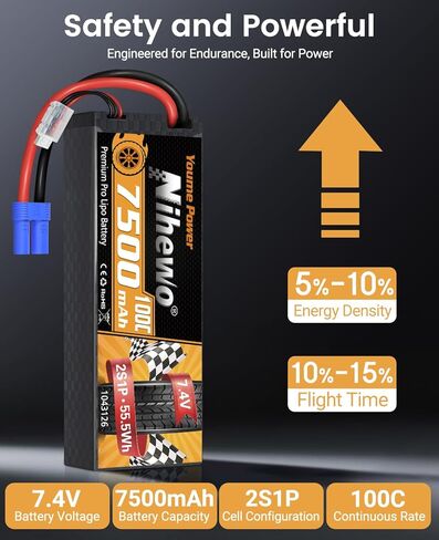 2S Lipo Battery Pack 7.4V RC Battery 7500mAh 100C Hard Case with EC5 Connector for 1/8 1/10 RC Car Truck Vehicle Boat Tank Airplane Model(2 Packs) in Kuwait
