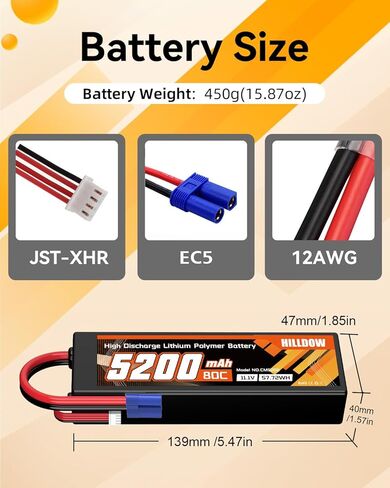 Hilldow 5200mAh 11.1V RC Battery 80C 3S Lipo Battery with EC5 Hard Case for RC Vehicles Car Buggy Truggy Airplane Drone(2packs) in Kuwait