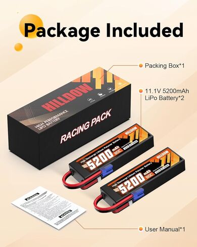 Hilldow 5200mAh 11.1V RC Battery 80C 3S Lipo Battery with EC5 Hard Case for RC Vehicles Car Buggy Truggy Airplane Drone(2packs) in Kuwait