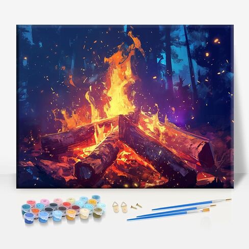 HUINORYA Campfire Night Camping Framed Canvas DIY Paint by Numbers Kit Bar Cafe Cave Home Room Wall Bathroom Porch Patio Decor Gift, 16 x 12 Inch in Kuwait