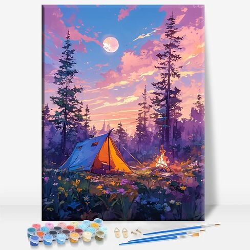 HUINORYA Campfire Night Camping Framed Canvas DIY Paint by Numbers Kit Bar Cafe Cave Home Room Wall Bathroom Porch Patio Decor Gift, 16 x 12 Inch in Kuwait