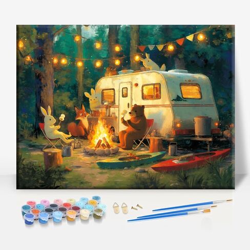 HUINORYA Campfire Night Camping Framed Canvas DIY Paint by Numbers Kit Bar Cafe Cave Home Room Wall Bathroom Porch Patio Decor Gift, 16 x 12 Inch in Kuwait
