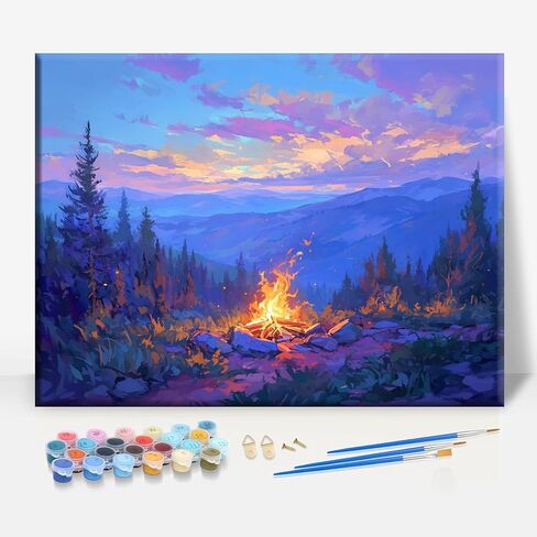 HUINORYA Campfire Night Camping Framed Canvas DIY Paint by Numbers Kit Bar Cafe Cave Home Room Wall Bathroom Porch Patio Decor Gift, 16 x 12 Inch in Kuwait