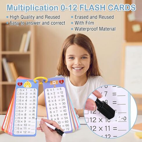 FdcZeyxior 0-12 Times Table Flash Cards, Multiplication Flash Cards Large Math Times Table Chart Including 15 Card, 2 Dry Erase Markers, 1 Rings, Educational Multiplication for Classroom Home in Kuwait