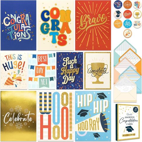Decorably 20 Pack Foiled & Glittery 5x7in Assorted Congratulations Cards with Envelopes & Stickers, 10 Folded Charming Designs for New Job, Baby Announcements, with Printed Message Inside in Kuwait