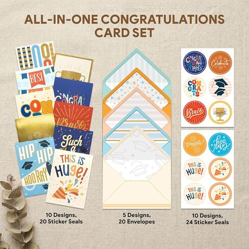 Decorably 20 Pack Foiled & Glittery 5x7in Assorted Congratulations Cards with Envelopes & Stickers, 10 Folded Charming Designs for New Job, Baby Announcements, with Printed Message Inside in Kuwait