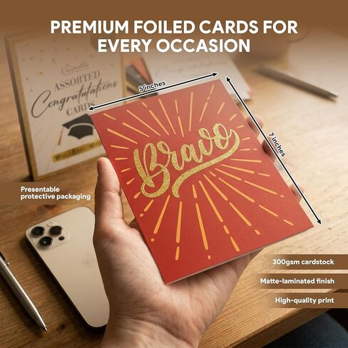 Decorably 20 Pack Foiled & Glittery 5x7in Assorted Congratulations Cards with Envelopes & Stickers, 10 Folded Charming Designs for New Job, Baby Announcements, with Printed Message Inside in Kuwait
