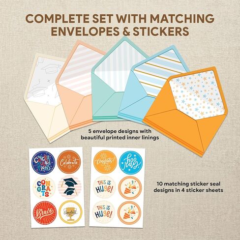 Decorably 20 Pack Foiled & Glittery 5x7in Assorted Congratulations Cards with Envelopes & Stickers, 10 Folded Charming Designs for New Job, Baby Announcements, with Printed Message Inside in Kuwait
