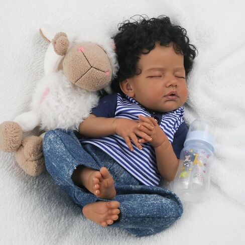 WOOROY Realistic Reborn Baby Dolls Black - 18 Inch Real Life Baby Dolls African American Baby Boy Poseable, Lifelike Sleeping Newborn Soft Cloth Body, Complete Gift Set for Kids Age 3+ in Saudi Arabia