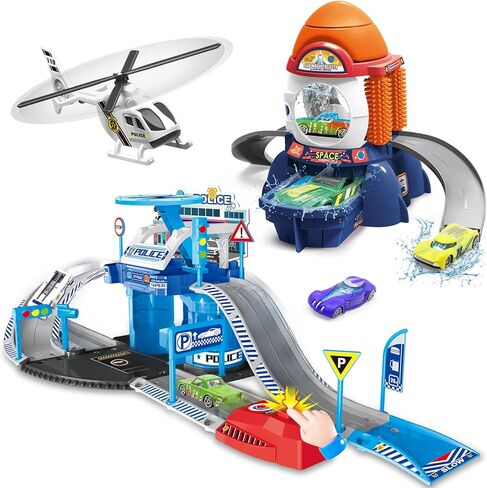 مجموعة ألعاب Fistone Kids Parking & Car Wash - مع وظيفة إطلاق السيارة و3 سيارات متغيرة الألوان - لعبة سباق ممتعة وغسيل السيارات للأطفال in Kuwait