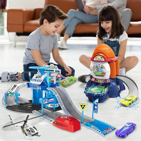 مجموعة ألعاب Fistone Kids Parking & Car Wash - مع وظيفة إطلاق السيارة و3 سيارات متغيرة الألوان - لعبة سباق ممتعة وغسيل السيارات للأطفال in Kuwait