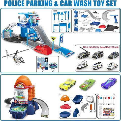 مجموعة ألعاب Fistone Kids Parking & Car Wash - مع وظيفة إطلاق السيارة و3 سيارات متغيرة الألوان - لعبة سباق ممتعة وغسيل السيارات للأطفال in Kuwait