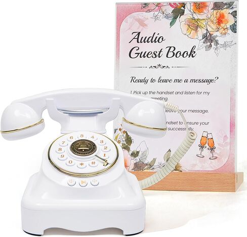 RetroVox Audio Guest Book Wedding Phone Guestbook and Signage Guest Audio Message Book, Vintage Style for Wedding Reception, Bridal Shower, Baby Shower（White & Sign Holder E） in Saudi Arabia