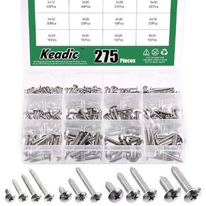 Keadic 325 Pcs 304 Stainless Steel #6#8#10 Self Tapping Screws Assortment Set Contains Round Head & Philips Flat Head & Wafer Head Self Drilling Screw Sheet Metal Screws