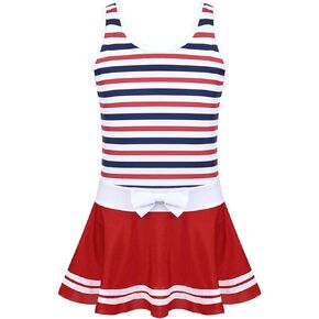 Kids Girls One-Piece Swimsuit Swimwear Summer Holiday Poptical Stripes Sport Splice Ruffles Swim Skirt