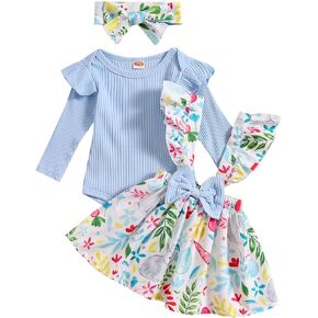 Newborn Baby Girl Easter Outfits Long Sleeve Bodysuit Romper Bunny Eggs Print Suspender Skirts with Headband