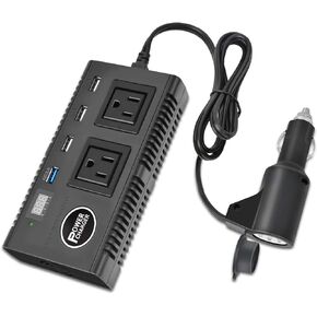 200W Car Power Inverter, DC 12V to 110V AC Converter with 2 AC Outlets, 4 USB Charging Ports Quick Charge 3.0, 1 Cigarette Lighter Socket, Smart LED Display Screen for Phones Tablets Laptops Black