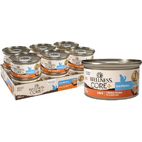Wellness CORE+ Hairball Recipe, Natural Grain Free Canned Wet Cat Food, Chicken & Chicken Meal Pate, 2.8 Ounces (Pack of 12)