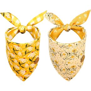 CROWNED BEAUTY Spring Dog Bandanas Reversible Large 2 Pack, Sunshine Blooms Set, Daisy Floral Plaid Adjustable Triangle Holiday Scarves for Medium Large Extra Large Dogs Pets DB111-L
