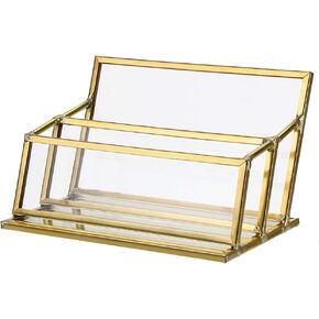 Hipiwe 2 Slots Glass Business Card Holder Stand - Gold Metal Frame Name Card Display Stand Business Name Card Organizer for Office Tabletop,Fits 80-100 Business Cards