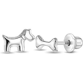 925 Sterling Silver Dainty Polished Dog & Bone Screw Back Earrings For Toddlers & Little Girls - Adorable Dog Shaped Girl Earrings For Everyday Wear - Special Man Best Friends Girls Earrings