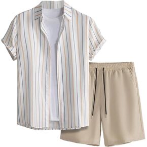 GORGLITTER Men's 2 Piece Outfits Striped Button Down Short Sleeve Shirt and Short Sets