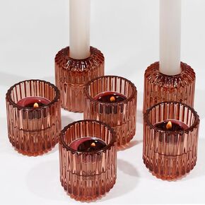 Vixdonos Ribbed Glass Taper Candlestick Holders Set of 6 Tealight Votive Candle Holder Bulk for Table Centerpieces,Party, Wedding and Home Decor