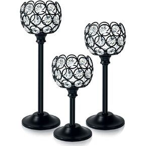 Crystal Metal Tealight Candlestick, Bling Bowl Candelabras, Tall Crystal Votive Candle Holders Elegant Crystal Candle Centerpiece for Dining Table Wedding Decor (Set of 3, Balck)