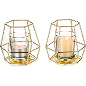 Geometric Tealight Candle Holders Gold - Set of 6 Holder for Tea Light Decorative Votive Candle Stand Accents for Home Table Shelf Mantel Modern Geo Decoration Christmas