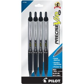 PILOT Precise V10 RT Refillable & Retractable Rolling Ball Pens, Bold Point, Black Ink, 4-Pack