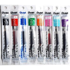 Pentel LR7 Refills for EnerGel Gel Pen, 0.7mm Metal Tip - Set of 8 Colors - Black, Blue, Red, Green, Orange, Pink, Sky Blue & Violet - Supplied Loose